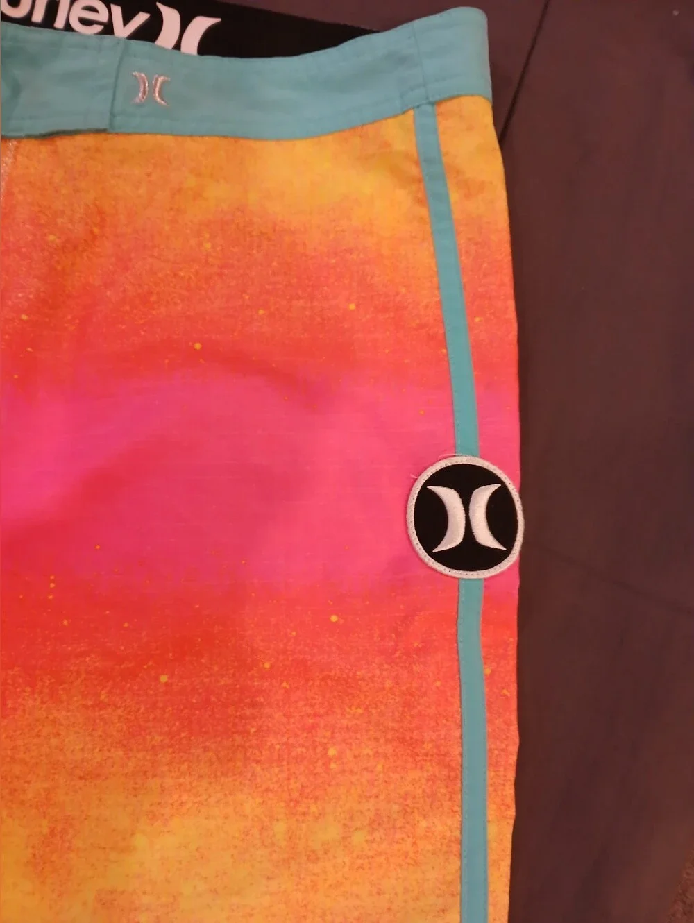 Hurley Neon Ombre Board Shorts - Pink Orange Yellow with Teal Trim Size 33